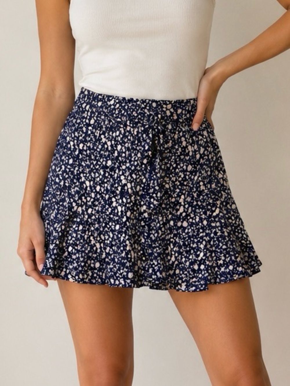 Navy Blue Floral Ruffle Mini Skirt